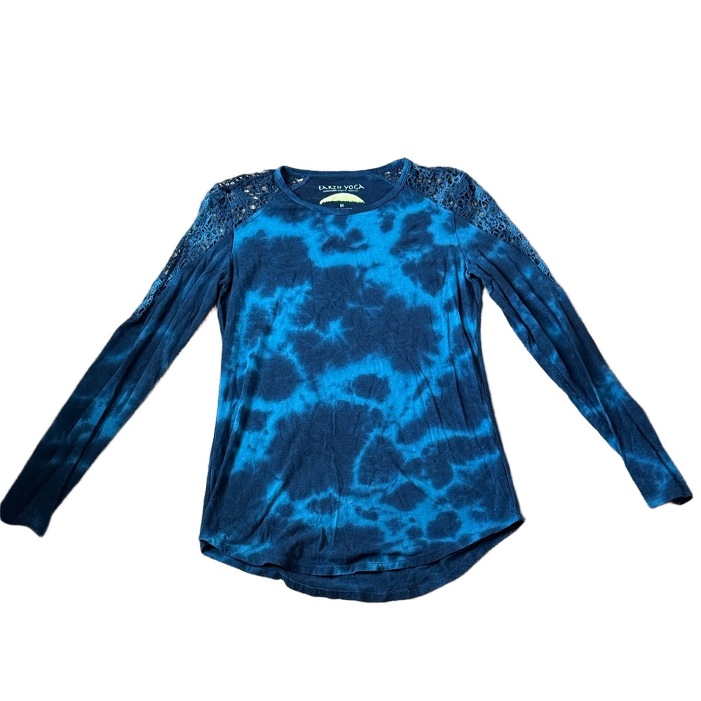 Earth Yoga Blue Tie-Dye Long Sleeve Top Lace Shoulder Detail Lightweight SIZE M